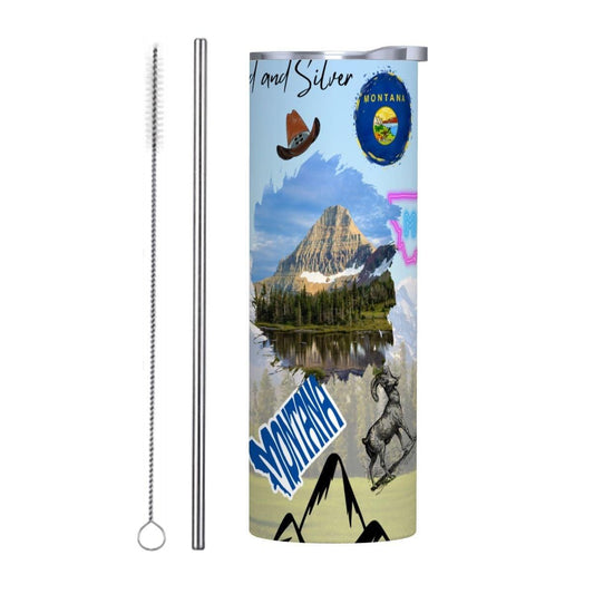 ColorFlow | Montana State Pride Tumbler | Scenic Mountain License Plate Art | 20oz Skinny Stainless Steel With Straw