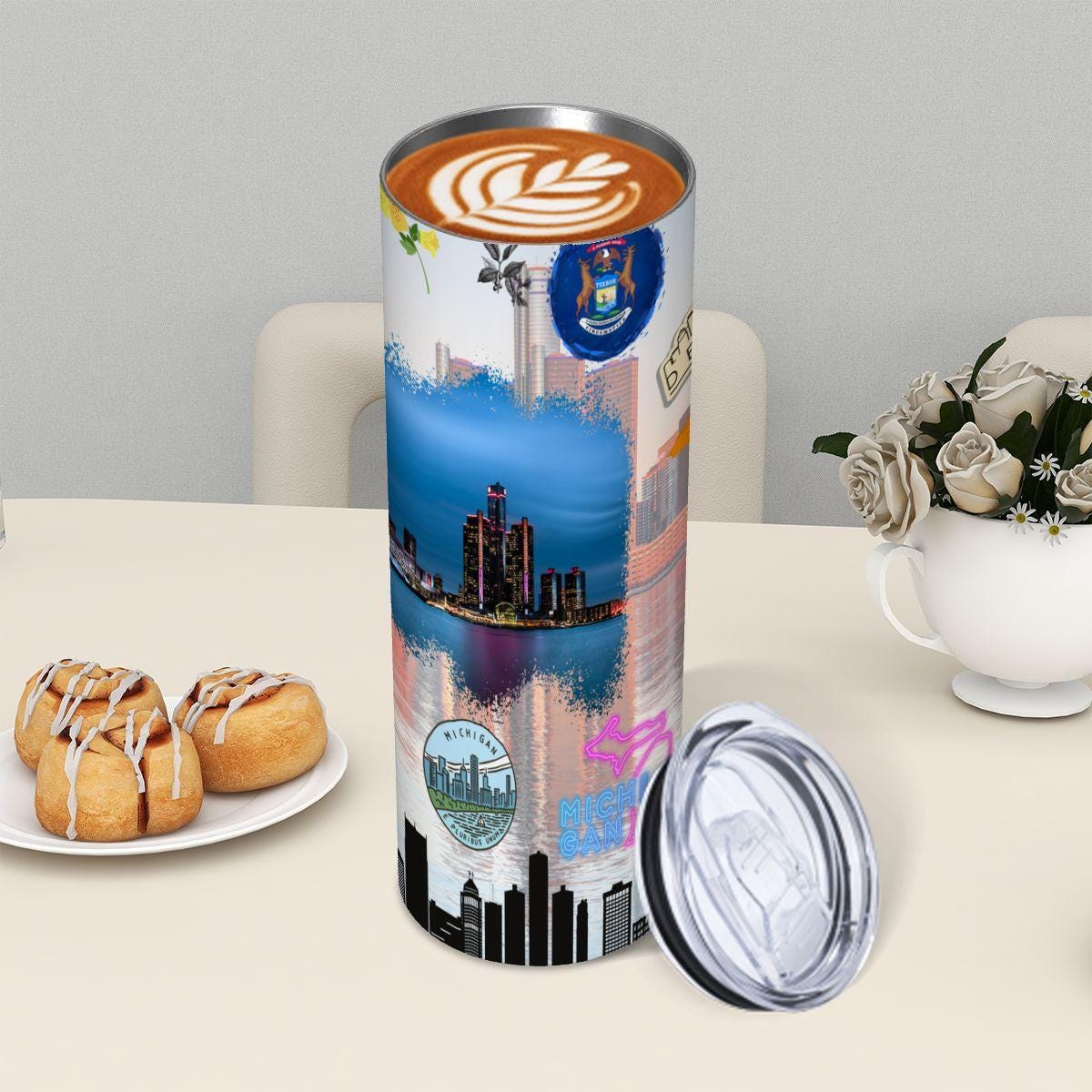 ColorFlow | Michigan State Pride Tumbler | Detroit Skyline Great Lakes Collage | 20oz Skinny Stainless Steel With Straw