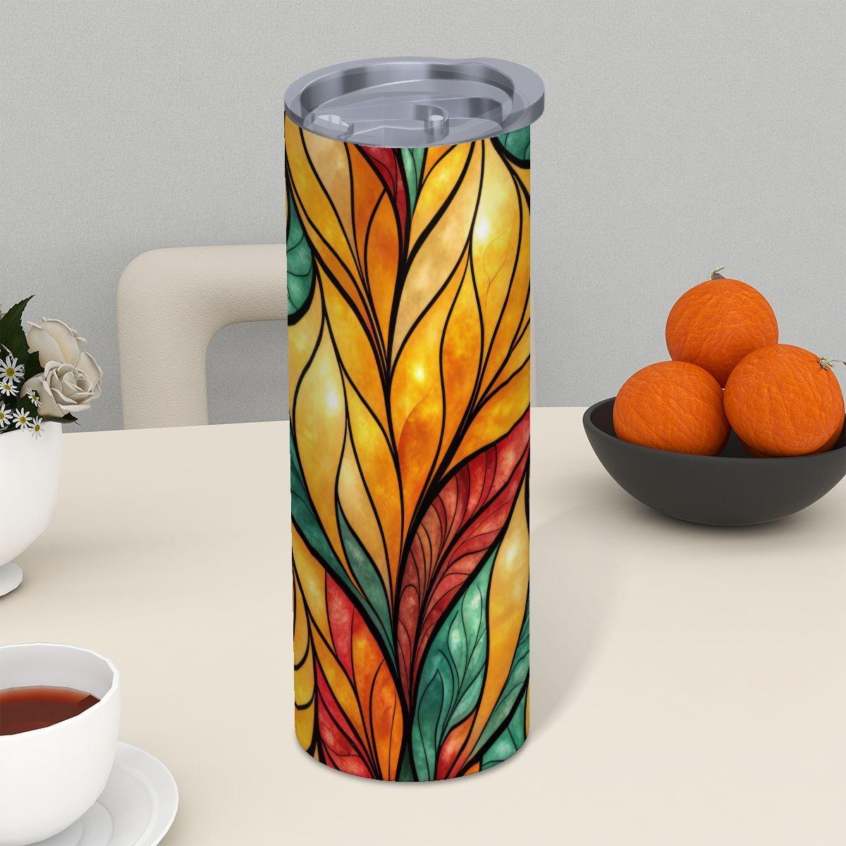 ColorFlow | Golden Ember Leaves 20oz Skinny Stainless Steel Tumbler with Straw | Warm Autumn Stained Glass Design