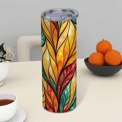 ColorFlow | Golden Ember Leaves 20oz Skinny Stainless Steel Tumbler with Straw | Warm Autumn Stained Glass Design