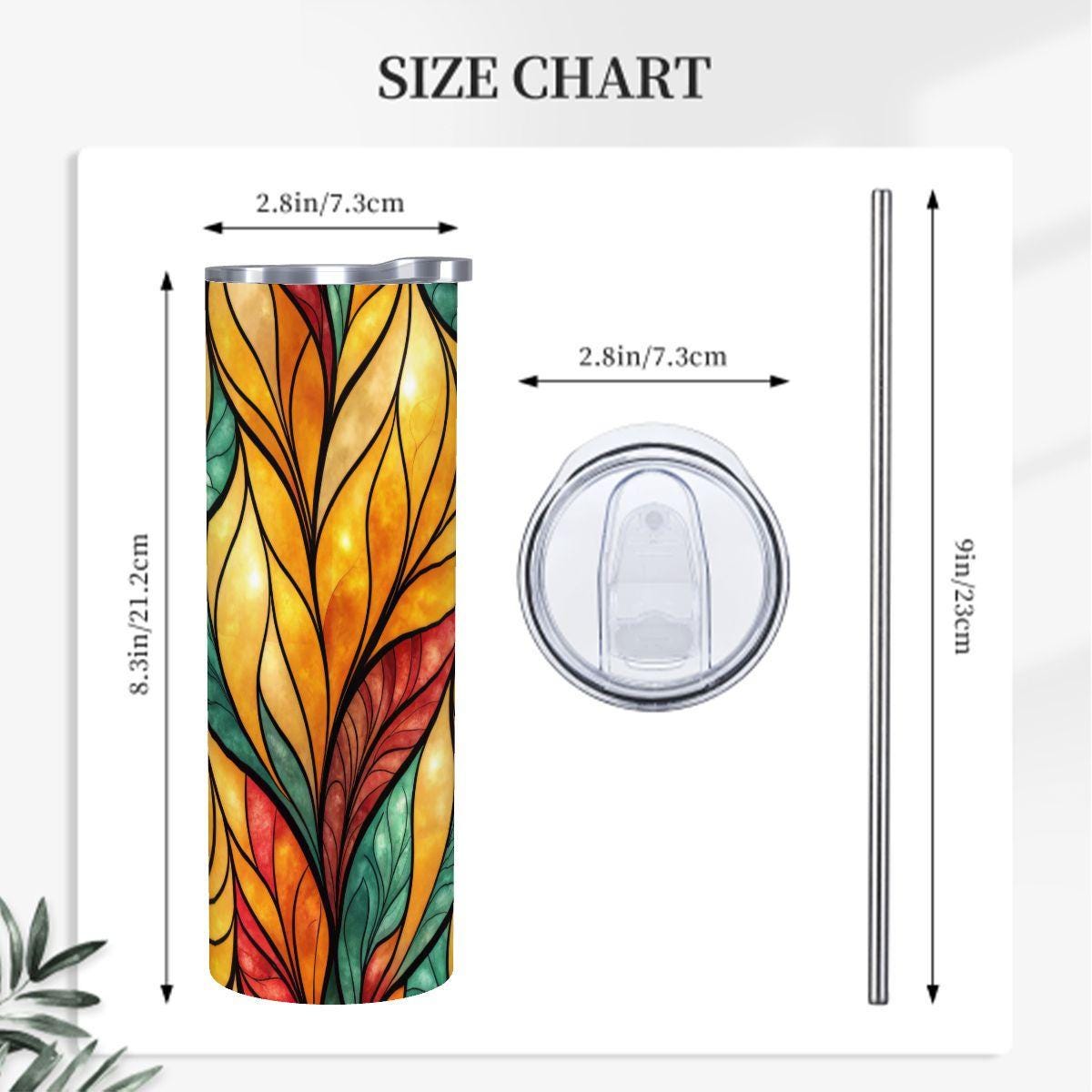 ColorFlow | Golden Ember Leaves 20oz Skinny Stainless Steel Tumbler with Straw | Warm Autumn Stained Glass Design