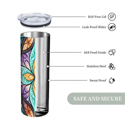 ColorFlow | Coastal Prism Mandala 20oz Skinny Stainless Steel Tumbler with Straw | Teal Purple Geometric Bloom