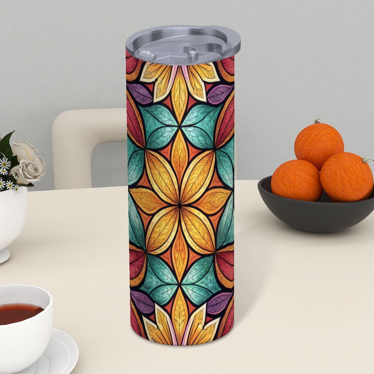 ColorFlow | Harvest Petal Kaleidoscope 20oz Skinny Stainless Steel Tumbler with Straw | Colorful Floral Mosaic