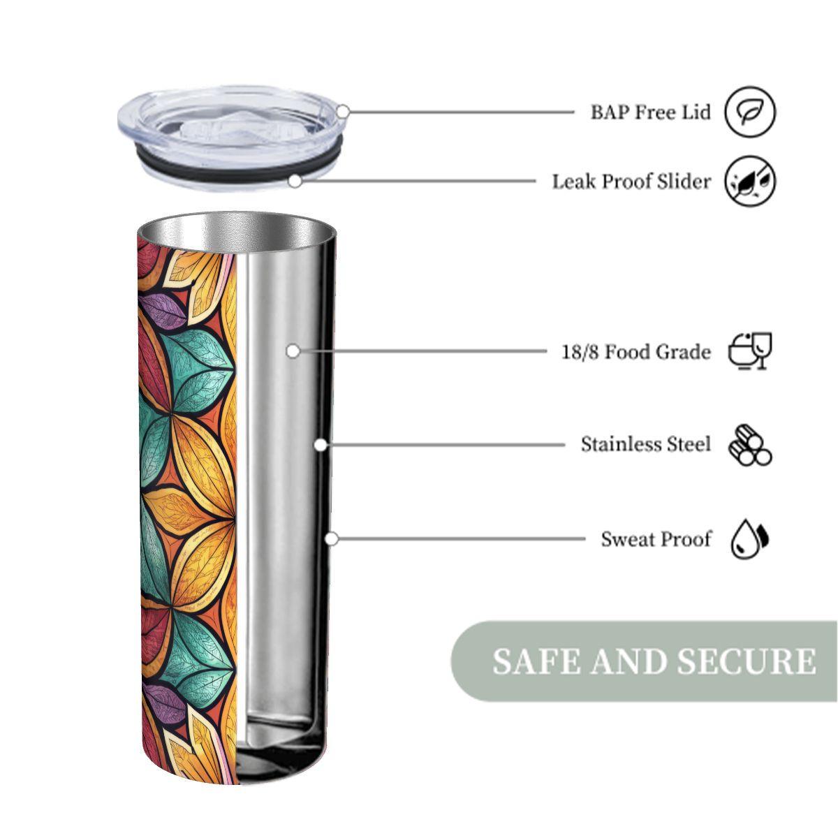 ColorFlow | Harvest Petal Kaleidoscope 20oz Skinny Stainless Steel Tumbler with Straw | Colorful Floral Mosaic
