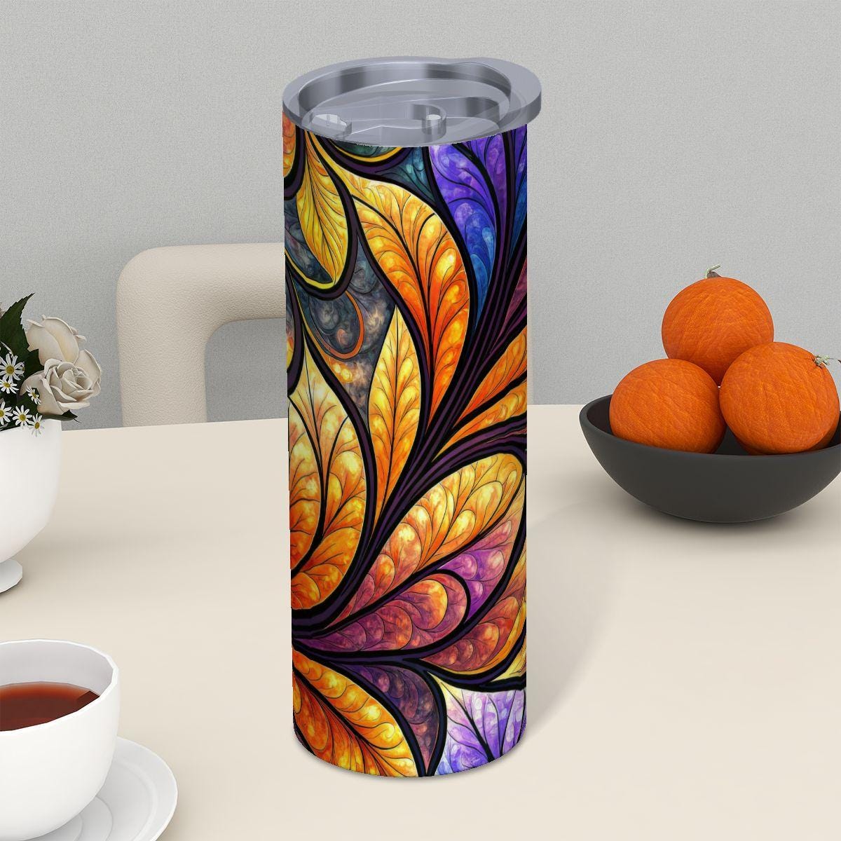 ColorFlow | Ember Glow Botanical Swirl 20oz Skinny Stainless Steel Tumbler with Straw | Vibrant Abstract Leaf Art