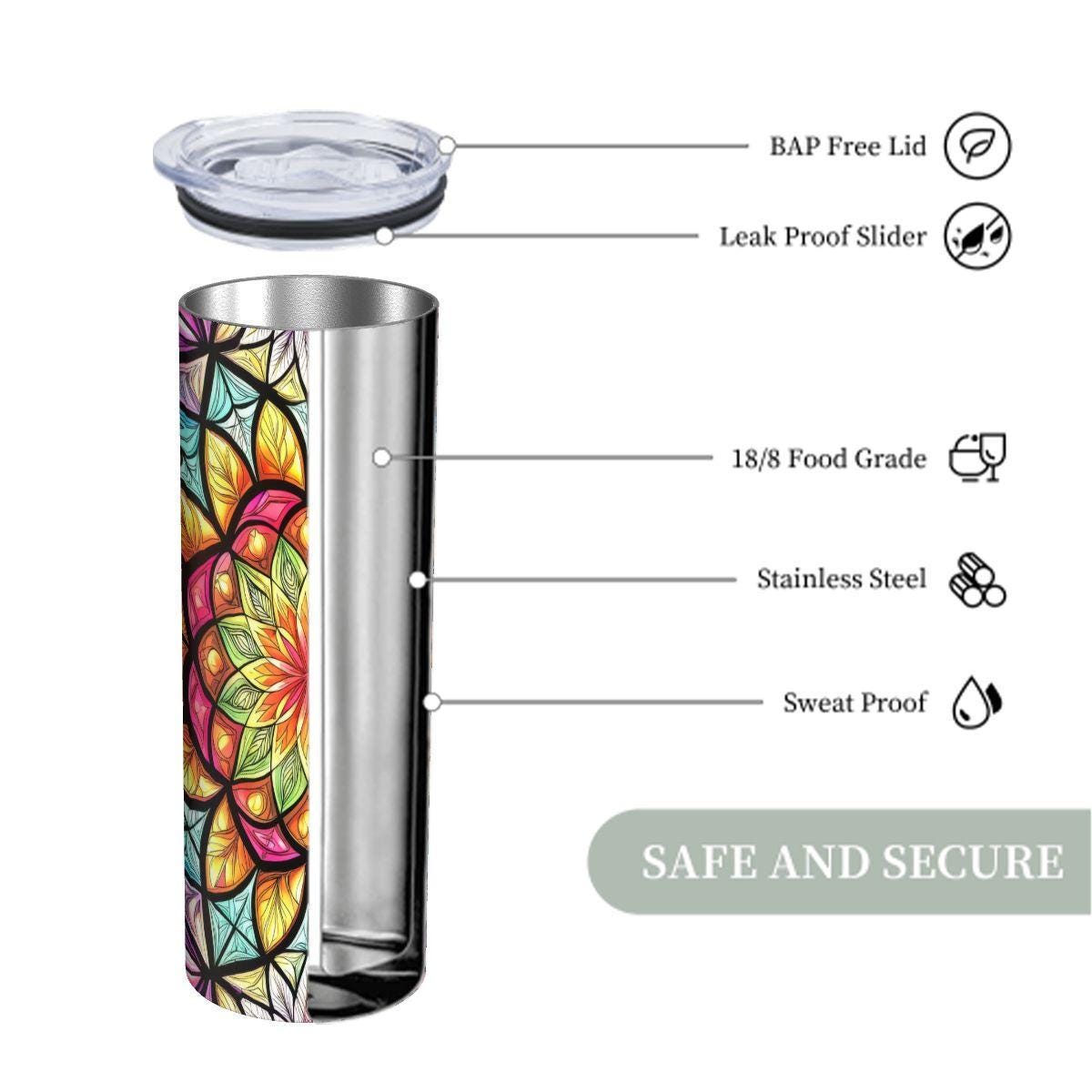 ColorFlow | Radiant Bloom Mandala 20oz Skinny Stainless Steel Tumbler with Straw | Colorful Sacred Floral Art