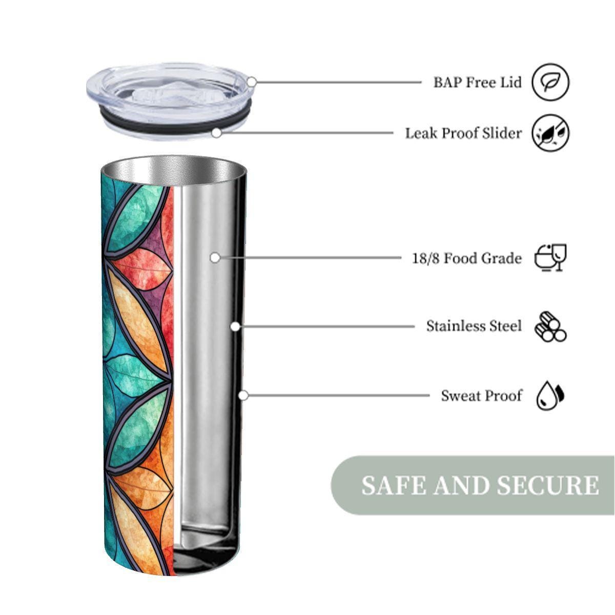 ColorFlow | Serene Feather Flow 20oz Skinny Stainless Steel Tumbler with Straw | Blue Gold Abstract Leaf Design