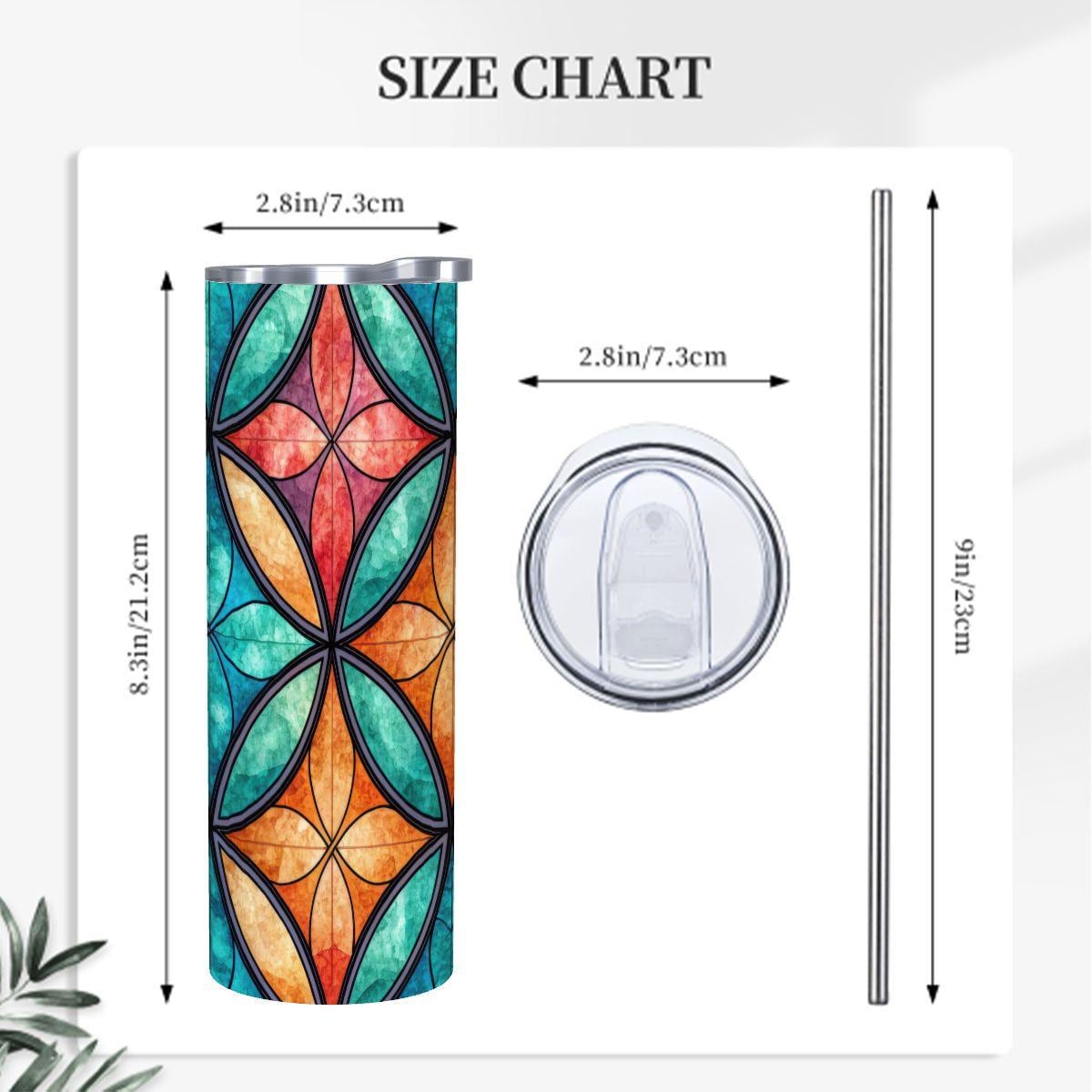 ColorFlow | Serene Feather Flow 20oz Skinny Stainless Steel Tumbler with Straw | Blue Gold Abstract Leaf Design