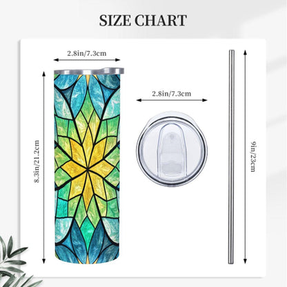 ColorFlow | Sunburst Lotus Glass 20oz Skinny Stainless Steel Tumbler with Straw | Blue Green Stained Glass Mandala