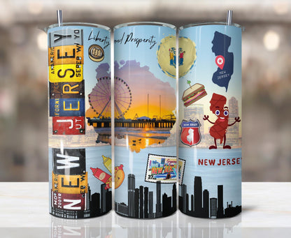 ColorFlow | New Jersey Landmark Collage 20oz Skinny Tumbler | Garden State Skyline Shoreline State Pride Design