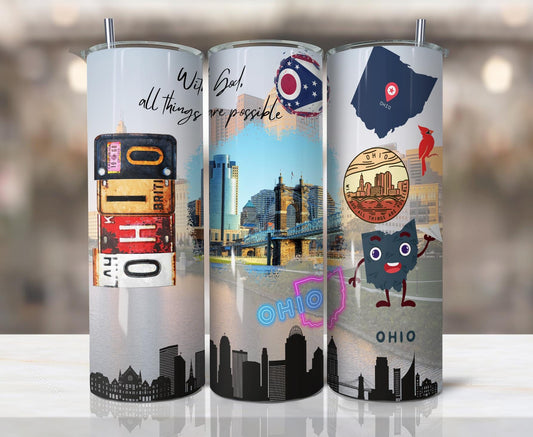 ColorFlow | Ohio Skinny Tumbler | Liberty And Possibility Skyline Bridge | Vintage License Plate State Art | 20oz