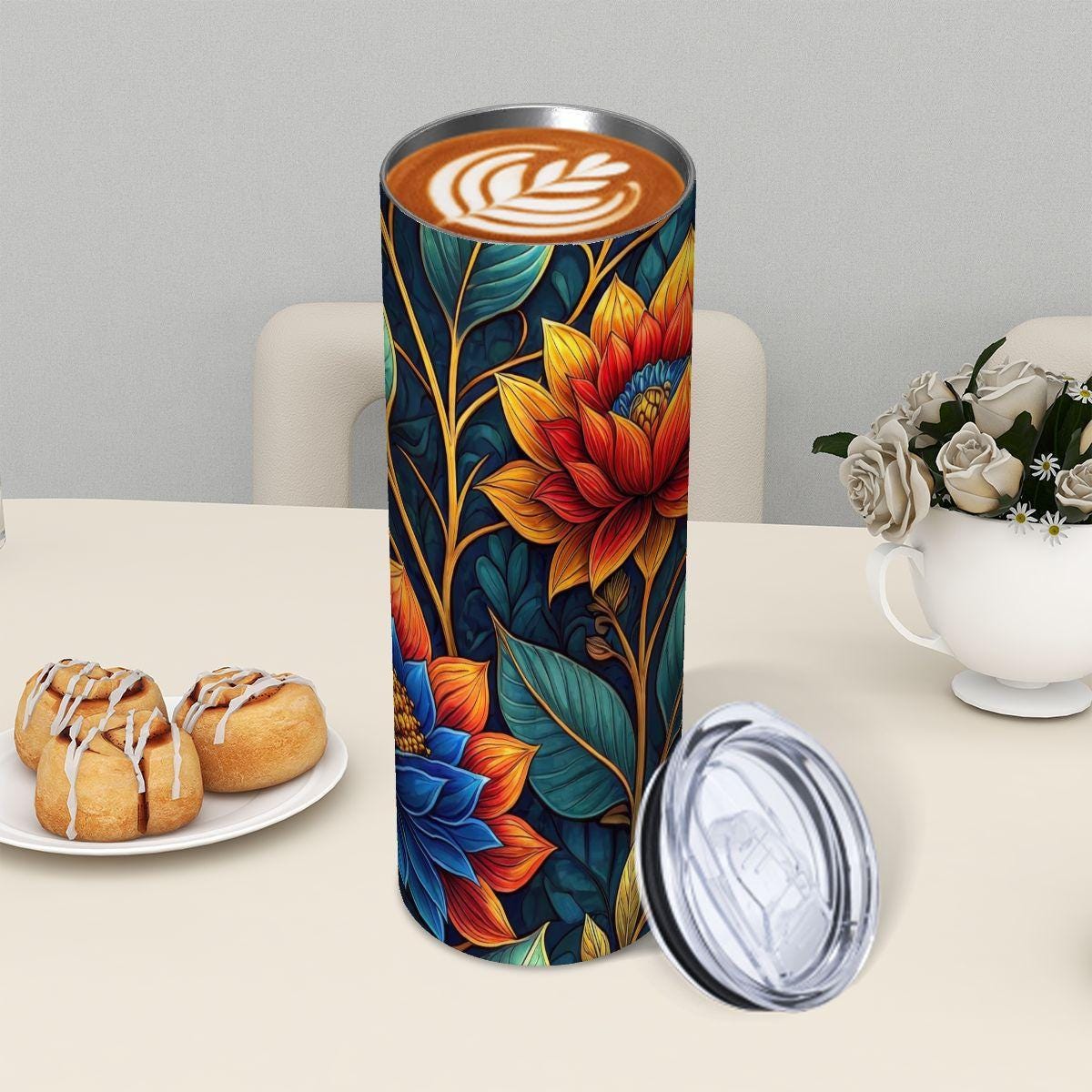 ColorFlow | Midnight Lotus Bloom 20oz Skinny Stainless Steel Tumbler with Straw | Bold Botanical Floral Design