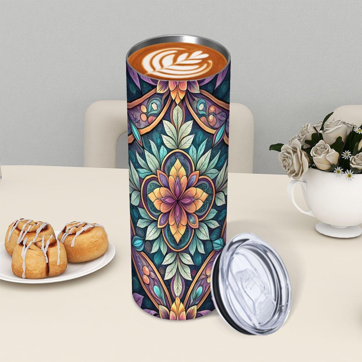 ColorFlow | Midnight Bloom Mandala 20oz Skinny Stainless Steel Tumbler with Straw | Elegant Floral Mosaic Art