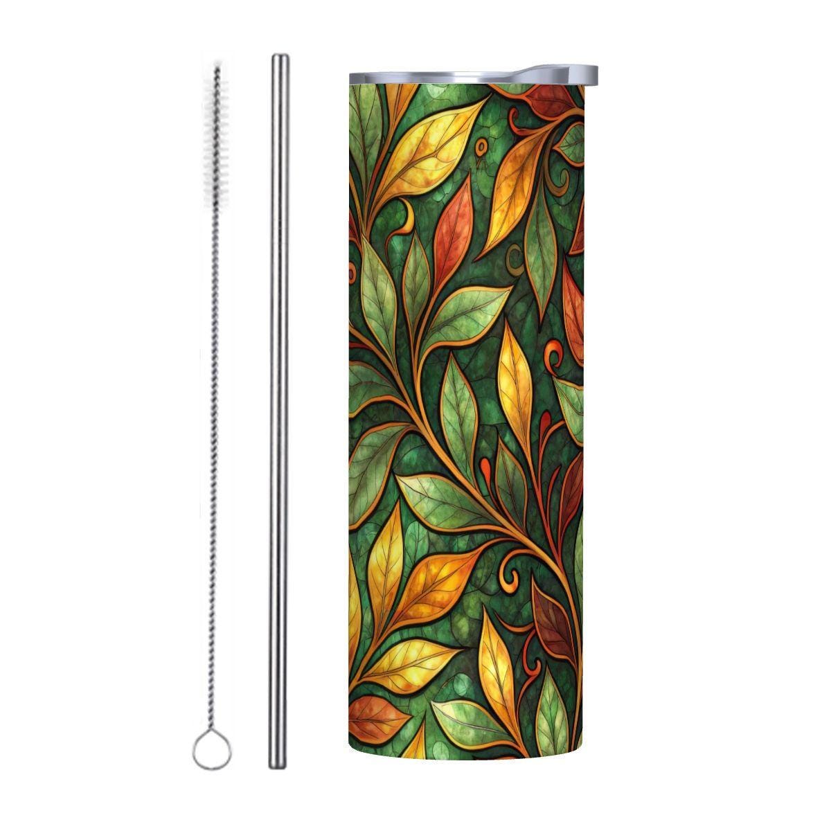 ColorFlow | Autumn Vine Leaves 20oz Skinny Stainless Steel Tumbler with Straw | Nature Botanical Pattern Cup
