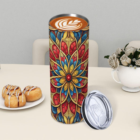ColorFlow | Heritage Rosette Mandala 20oz Skinny Stainless Steel Tumbler with Straw | Vintage Stained Glass Art
