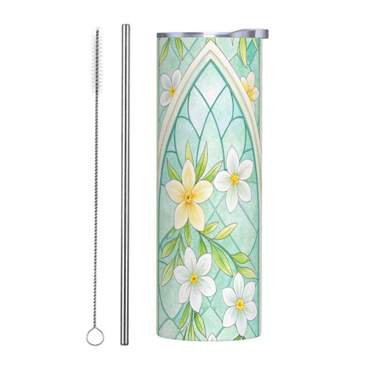 ColorFlow | Ivory Bloom Stained Glass 20oz Skinny Stainless Steel Tumbler with Straw | Cottage Floral Window Art