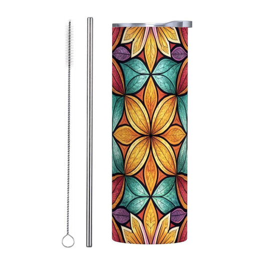 ColorFlow | Harvest Petal Kaleidoscope 20oz Skinny Stainless Steel Tumbler with Straw | Colorful Floral Mosaic