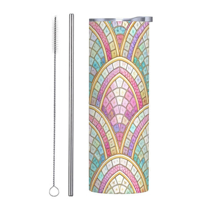ColorFlow | Pastel Art Deco Arches 20oz Skinny Stainless Steel Tumbler with Straw | Elegant Rainbow Fan Design