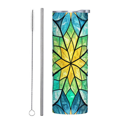 ColorFlow | Sunburst Lotus Glass 20oz Skinny Stainless Steel Tumbler with Straw | Blue Green Stained Glass Mandala