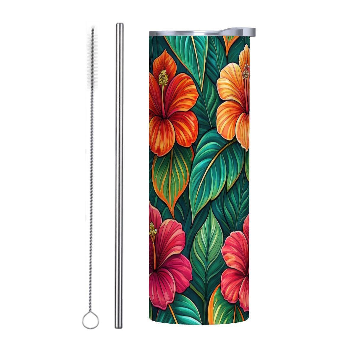 ColorFlow | Tropical Hibiscus Garden 20oz Skinny Stainless Steel Tumbler with Straw | Bold Island Floral Art