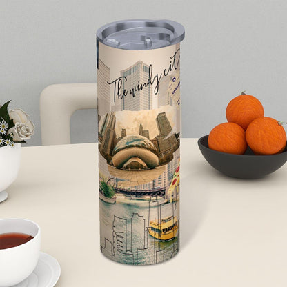 ColorFlow | Chicago Windy City Icons 20oz Skinny Stainless Steel Tumbler with Straw | Bean Skyline Illinois Travel Cup
