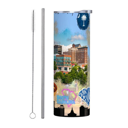 ColorFlow | South Carolina State Pride 20oz Skinny Stainless Steel Tumbler with Straw | Palmetto State Skyline Travel Cup