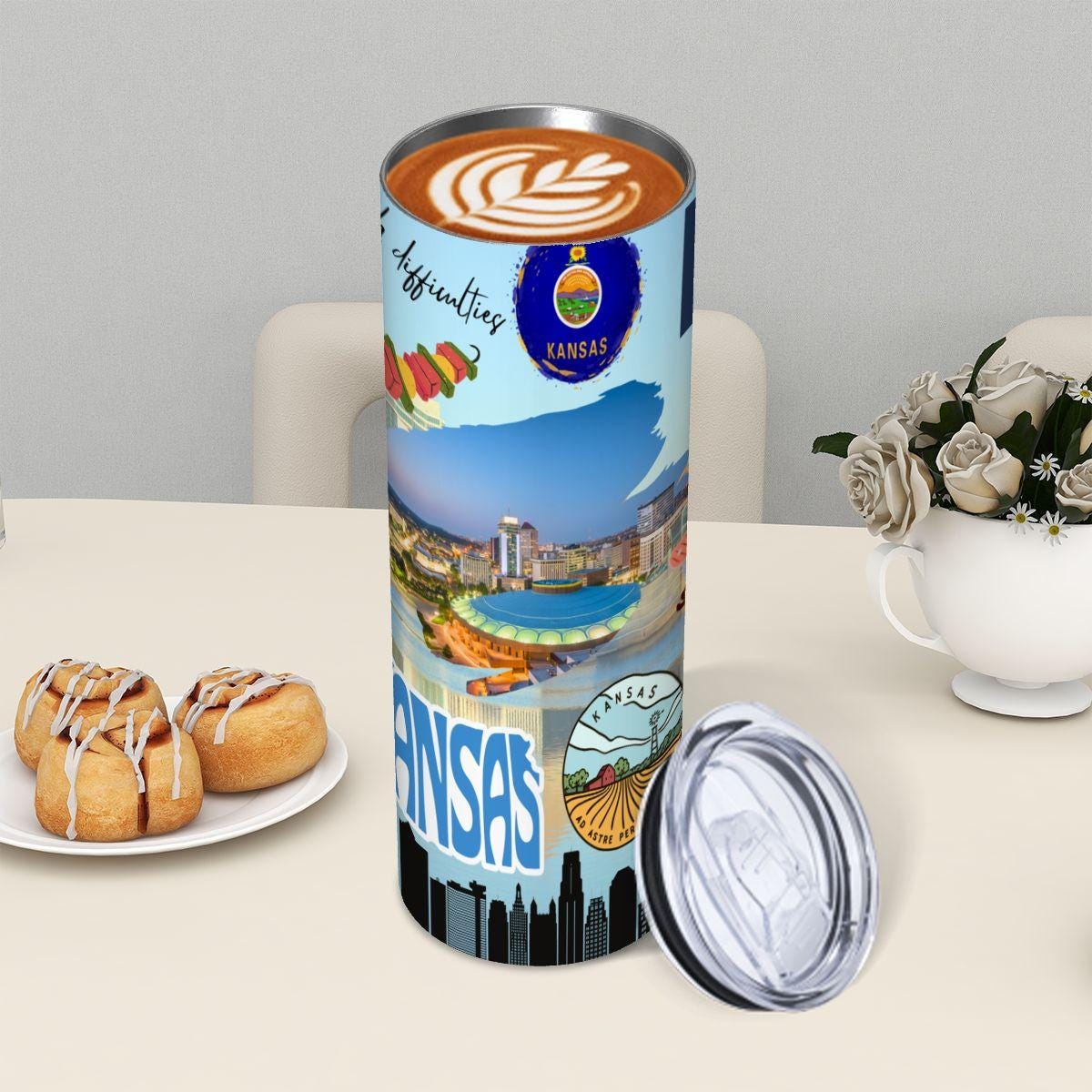 ColorFlow | Kansas State Pride 20oz Skinny Stainless Steel Tumbler with Straw | Kansas City Skyline Travel Coffee Cup