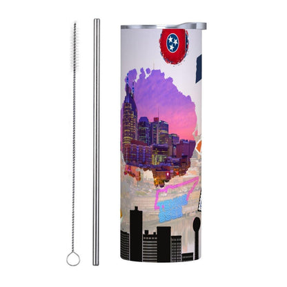 ColorFlow | Tennessee State Pride 20oz Skinny Stainless Steel Tumbler with Straw | Nashville Skyline Travel Tumbler