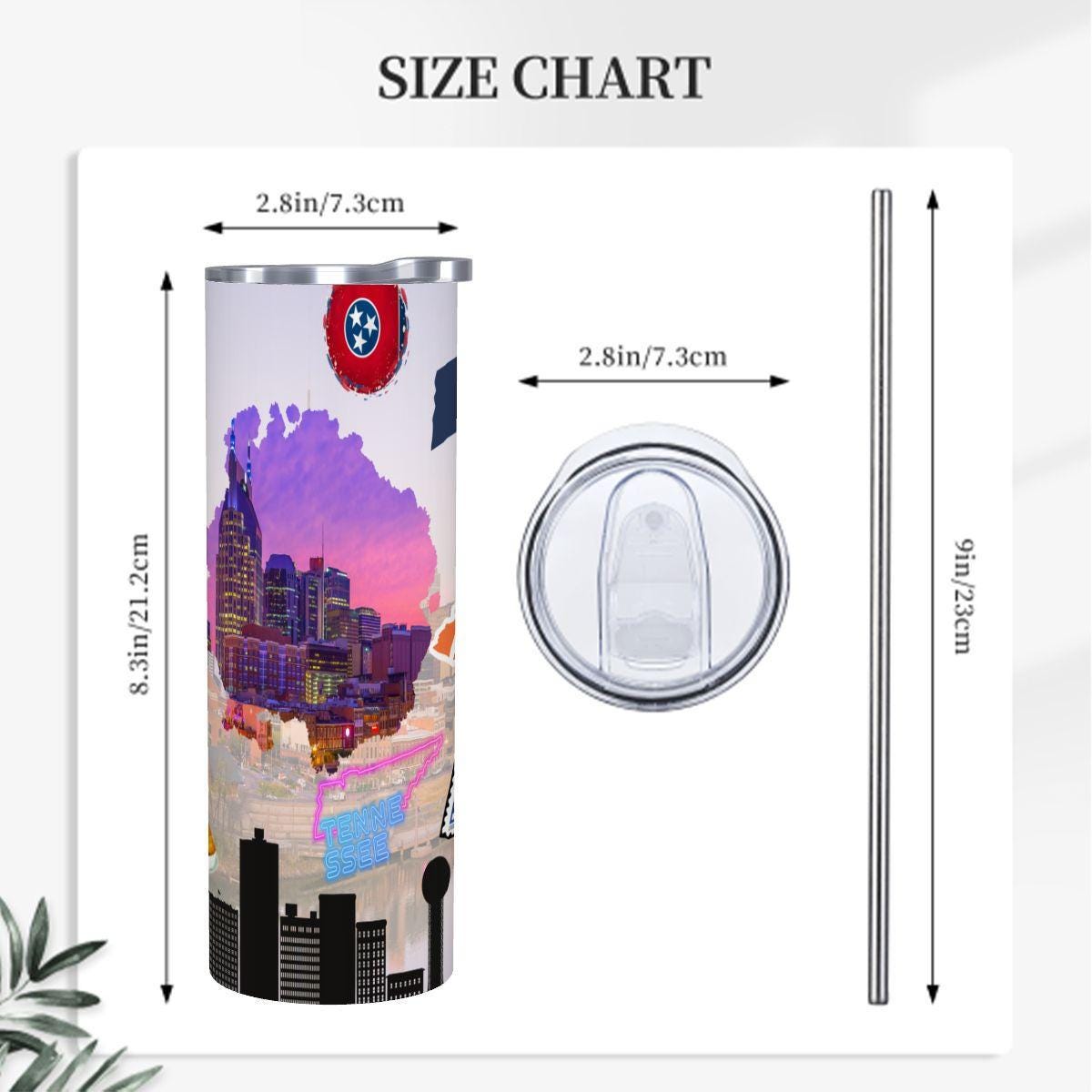 ColorFlow | Tennessee State Pride 20oz Skinny Stainless Steel Tumbler with Straw | Nashville Skyline Travel Tumbler
