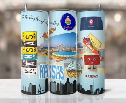 ColorFlow | Kansas State Pride 20oz Skinny Stainless Steel Tumbler with Straw | Kansas City Skyline Travel Coffee Cup