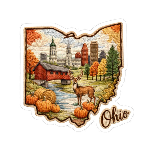 ColorFlow | Ohio Autumn Heritage Vinyl Sticker | Covered Bridge City Skyline Whitetail Deer and Fall Countryside Art