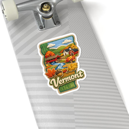 ColorFlow | Vermont Autumn Covered Bridge Vinyl Sticker | New England Hills Rustic Villages and Fall Foliage Art