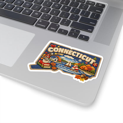 ColorFlow | Connecticut Autumn Harbor Vinyl Sticker | Coastal Homes Sailboats Fall Foliage and Storybook Shore Art