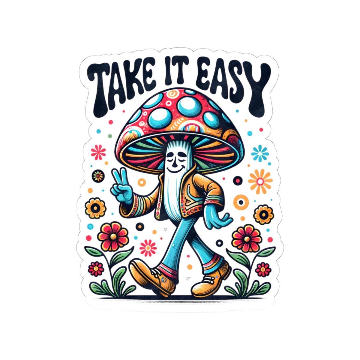 ColorFlow | Take It Easy Peace Sign Mushroom Groovy Retro Floral Art Vinyl Sticker