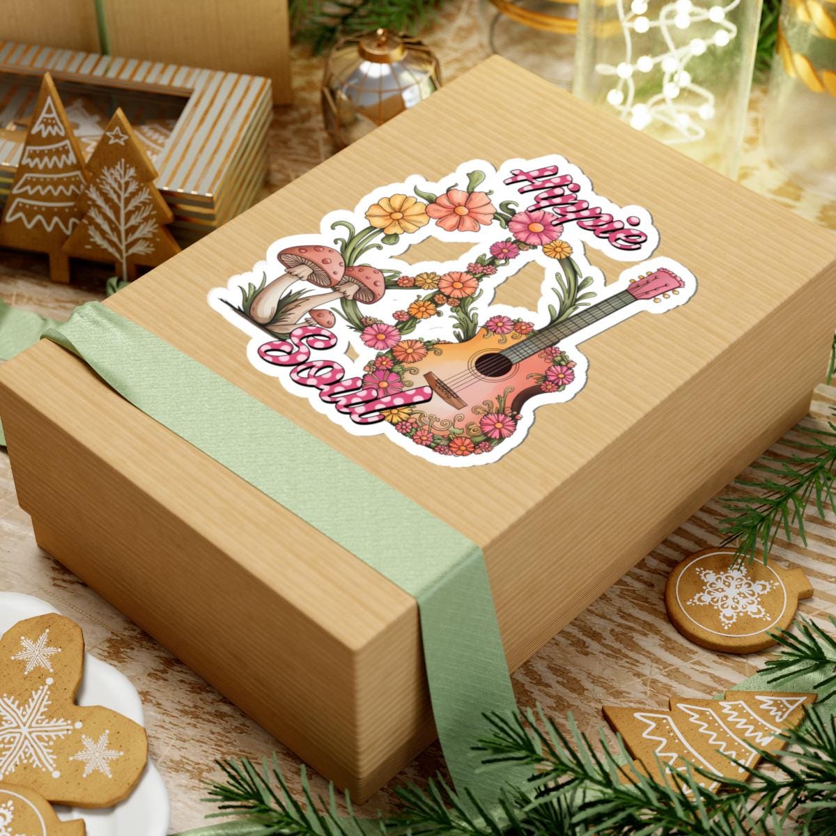 ColorFlow | Hippie Soul Acoustic Guitar Floral Mushroom Boho Music Art Vinyl Sticker