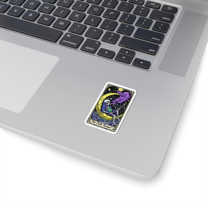 ColorFlow | The Chill Reaper Tarot Style Vinyl Sticker | Cosmic Skeleton Moon Art with Psychedelic Smoke Design