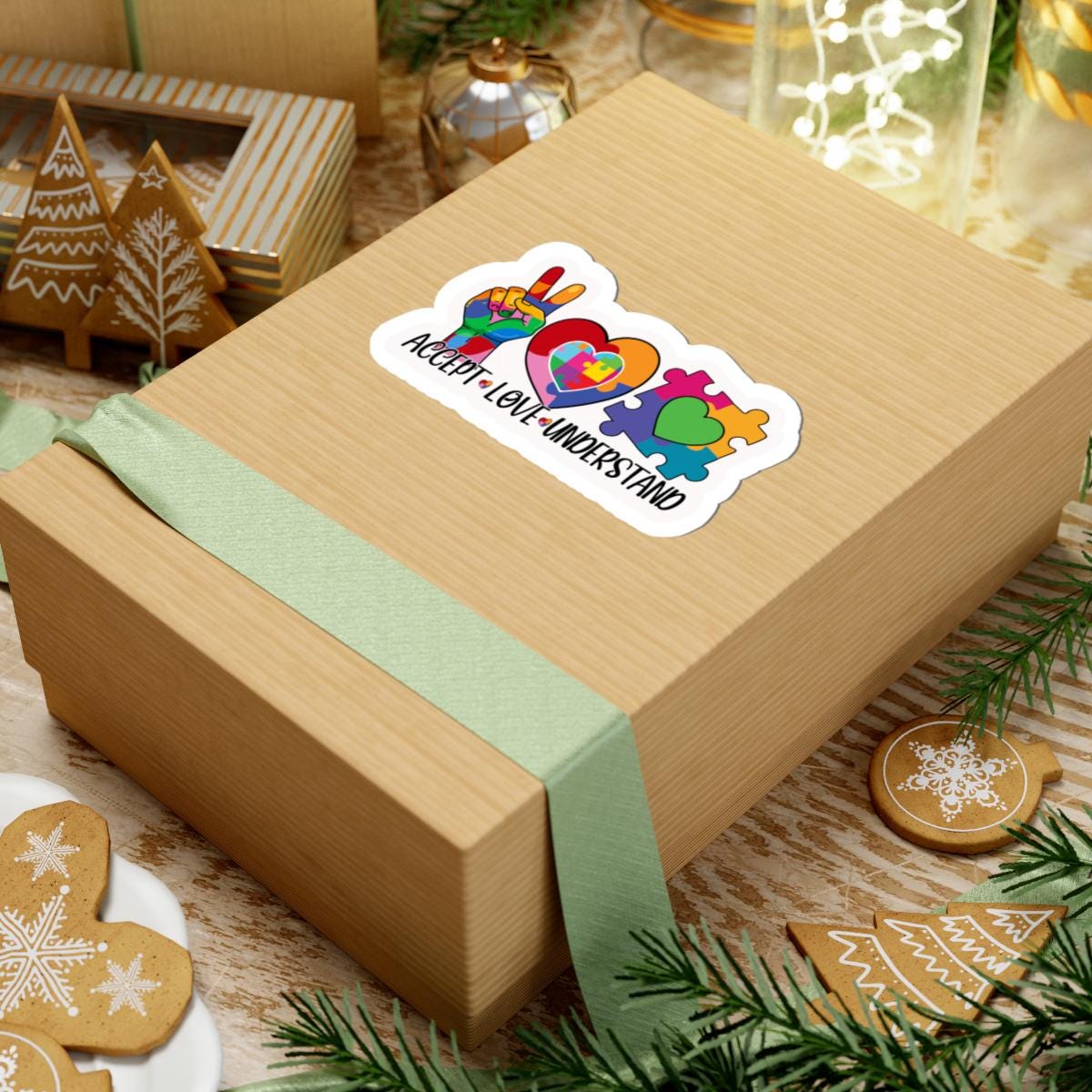 ColorFlow | Accept Love Understand Vinyl Sticker | Autism Acceptance Puzzle Hearts Peace Sign Design