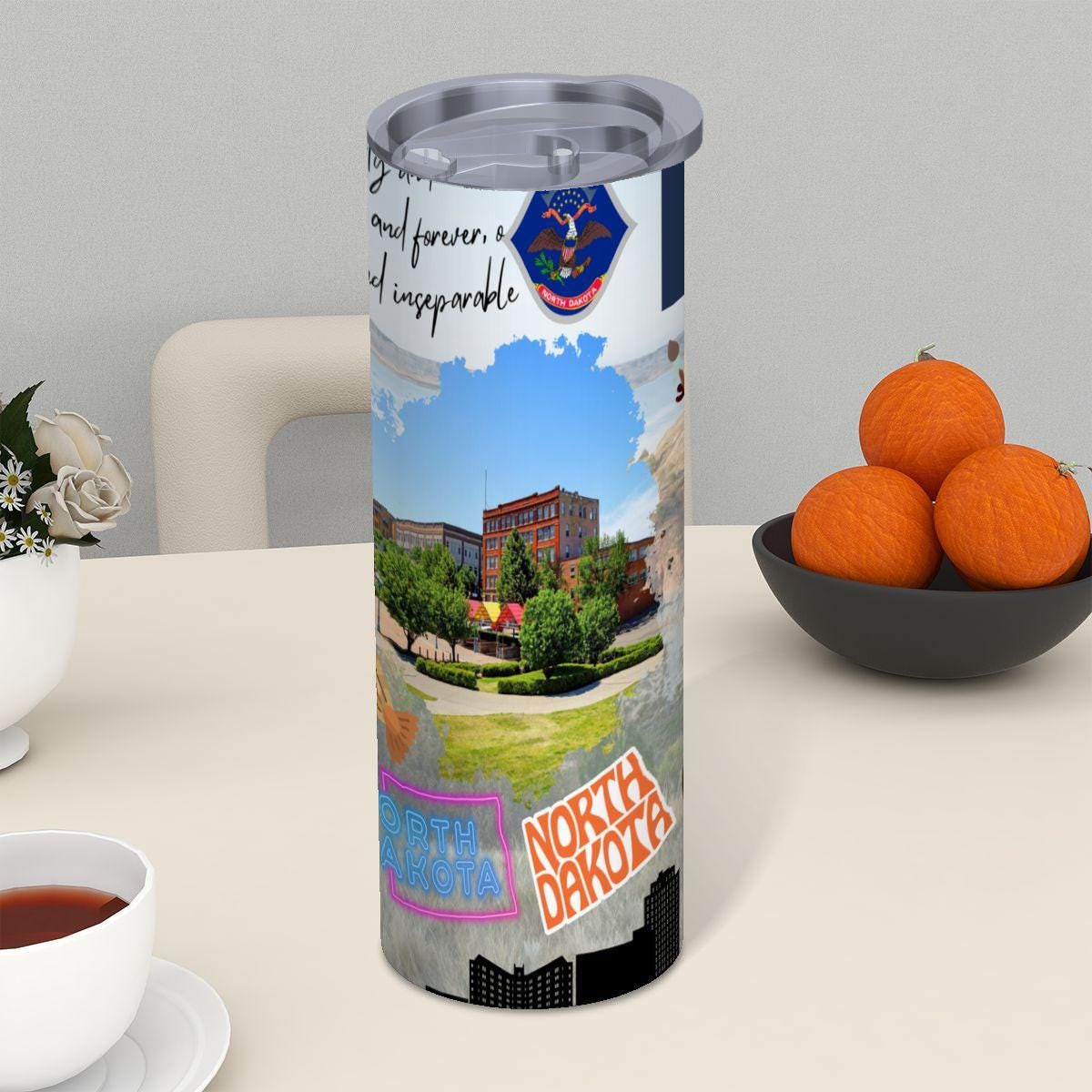 ColorFlow | North Dakota Whimsical State Map 20oz Skinny Tumbler | Cute Landmark Illustration Midwest Pride