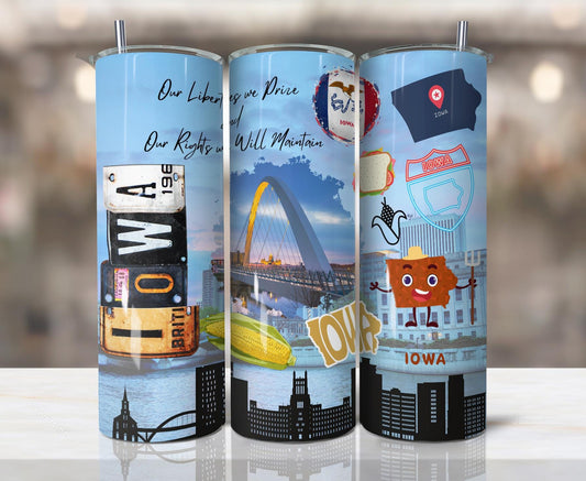 ColorFlow | Iowa Skinny Tumbler | Hawkeye State Bridge Corn Pride Art | Vintage License Plate Cityscape | 20oz