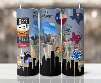 ColorFlow | Texas State Pride Tumbler | Friendship Skyline Collage Design | 20oz Skinny Stainless Steel With Straw