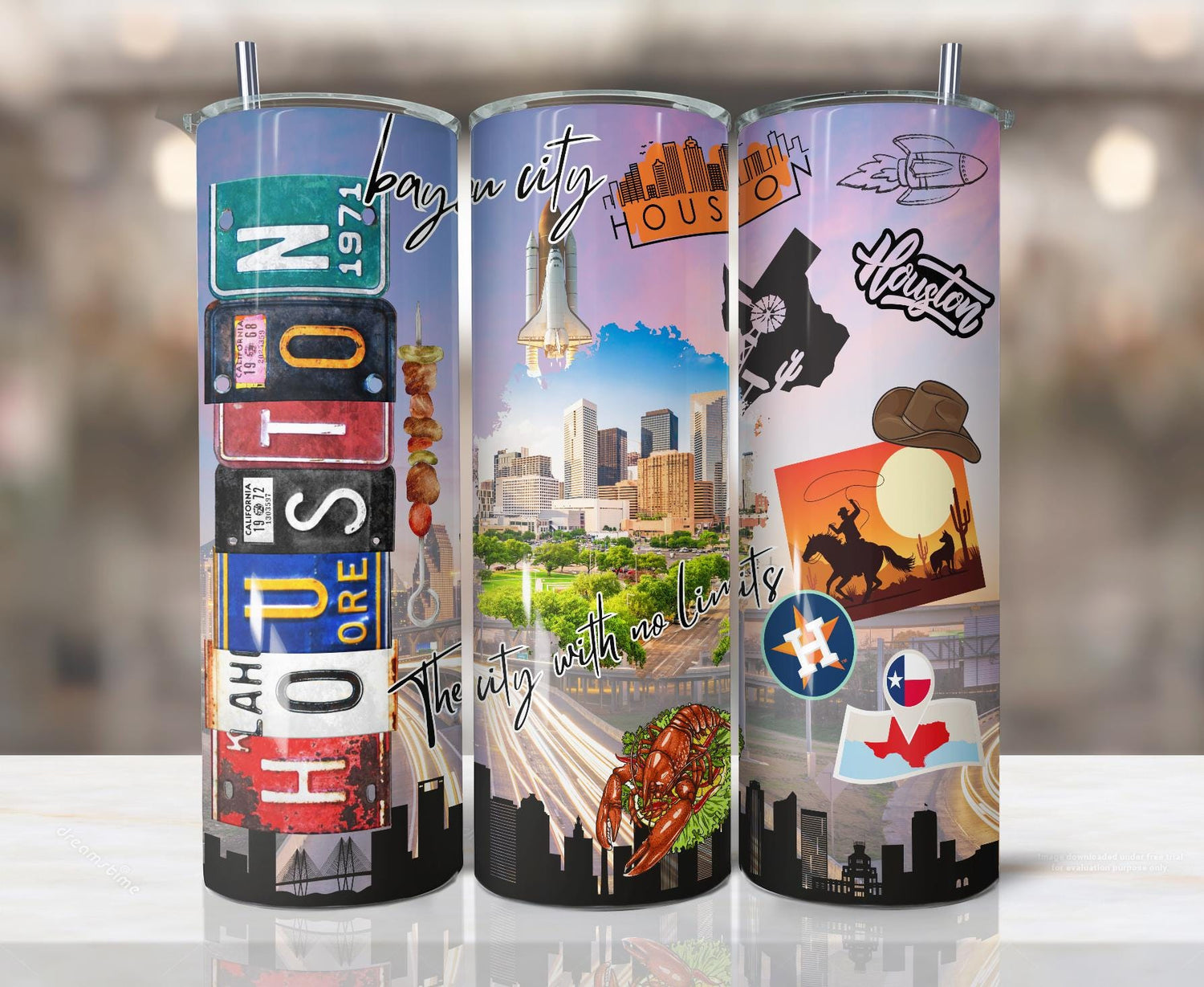 ColorFlow | Houston Texas City Tumbler | Bayou City Skyline Space Culture | 20oz Skinny Stainless Steel With Straw