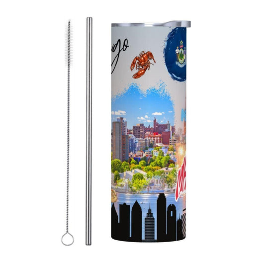 ColorFlow | Maine Coastal Pride 20oz Skinny Stainless Steel Tumbler with Straw | Portland Harbor Lobster State Cup