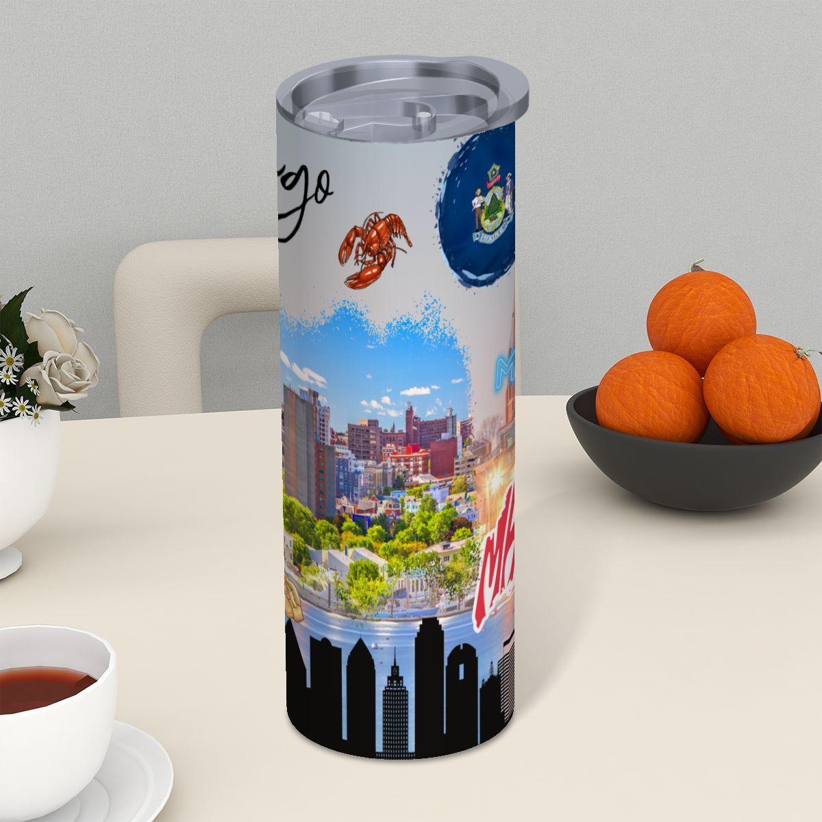 ColorFlow | Maine Coastal Pride 20oz Skinny Stainless Steel Tumbler with Straw | Portland Harbor Lobster State Cup
