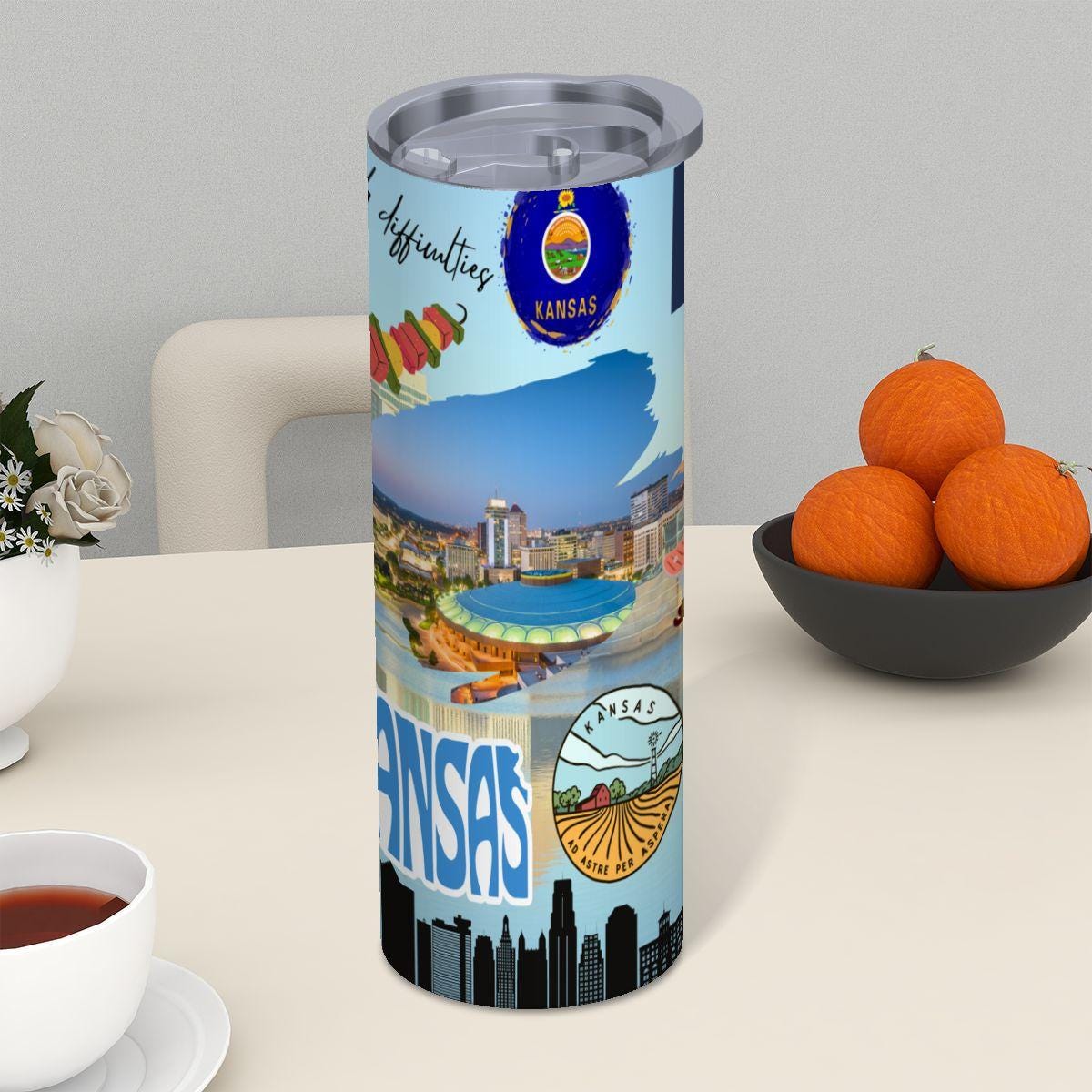 ColorFlow | Kansas State Pride 20oz Skinny Stainless Steel Tumbler with Straw | Kansas City Skyline Travel Coffee Cup