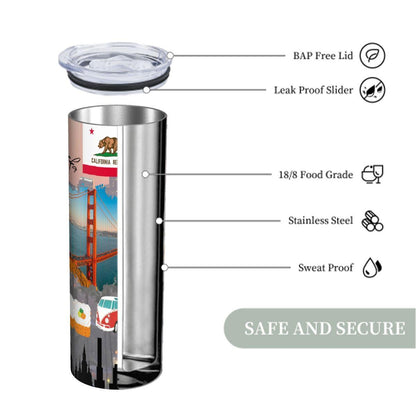 ColorFlow | California Dreamin 20oz Skinny Stainless Steel Tumbler with Straw | Golden Gate Hollywood Coast Vibes Cup