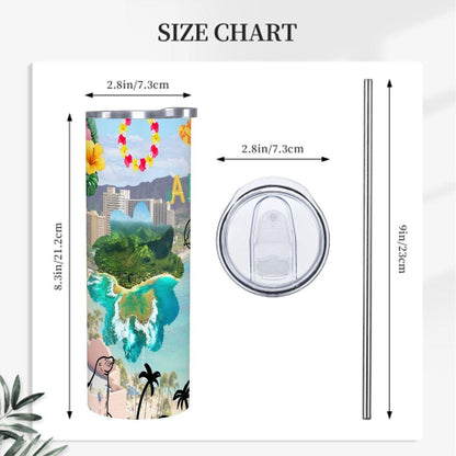 ColorFlow | Hawaii Island Paradise 20oz Skinny Stainless Steel Tumbler with Straw | Aloha Tropical Beach Surf Cup