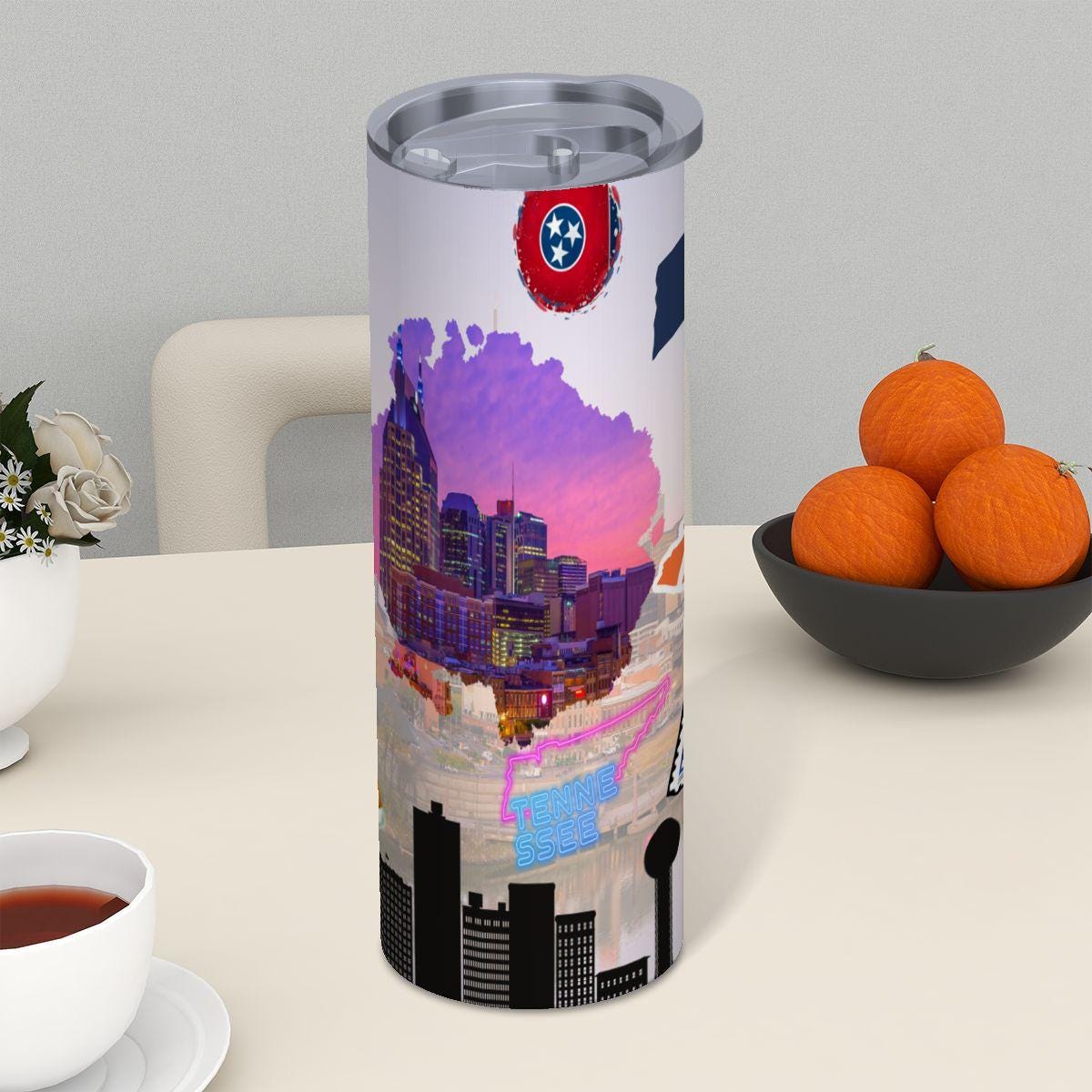 ColorFlow | Tennessee State Pride 20oz Skinny Stainless Steel Tumbler with Straw | Nashville Skyline Travel Tumbler