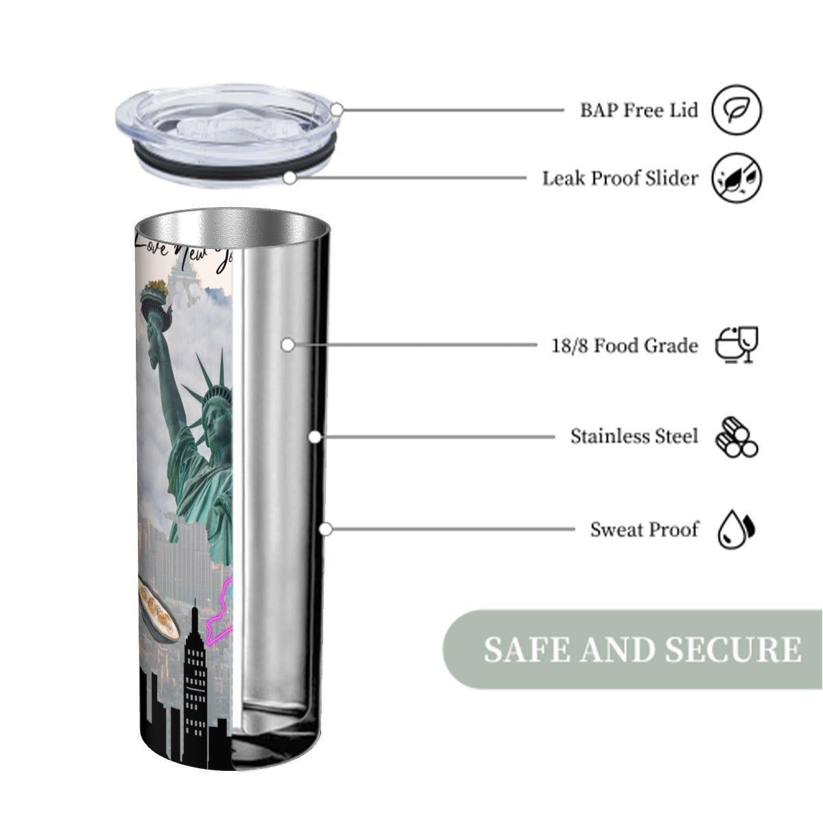 ColorFlow | New York City Icons 20oz Skinny Stainless Steel Tumbler with Straw | Statue of Liberty NYC Skyline Cup