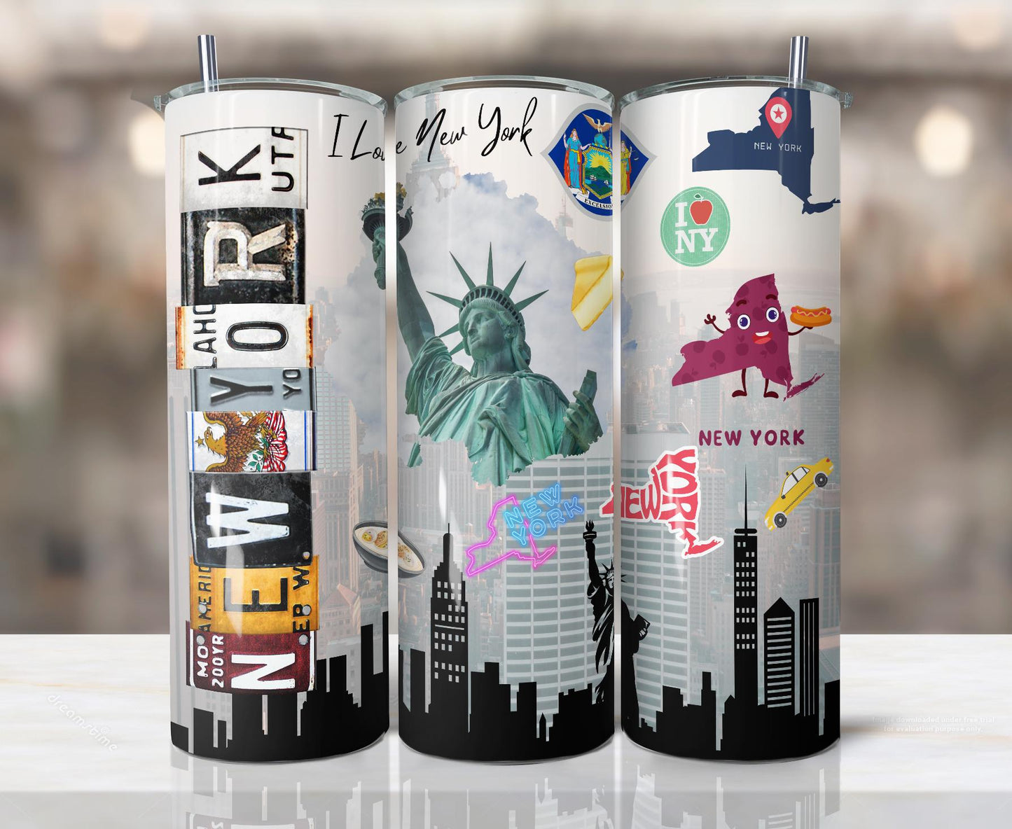 ColorFlow | New York City Icons 20oz Skinny Stainless Steel Tumbler with Straw | Statue of Liberty NYC Skyline Cup