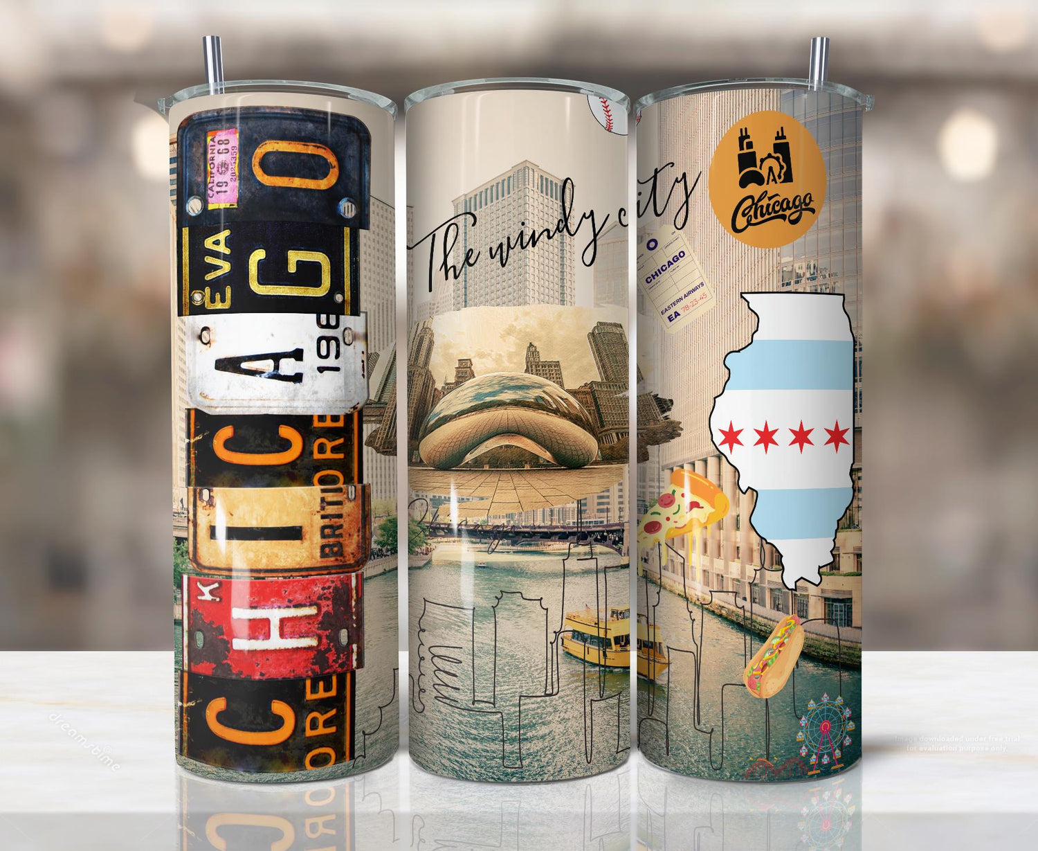 ColorFlow | Chicago Windy City Icons 20oz Skinny Stainless Steel Tumbler with Straw | Bean Skyline Illinois Travel Cup